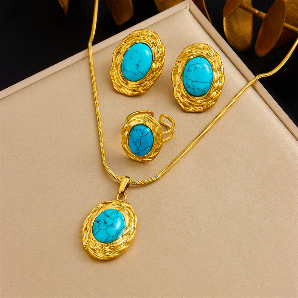 French Retro Simulated Turquoise Jewelry Set – Necklace, Earrings & Ring