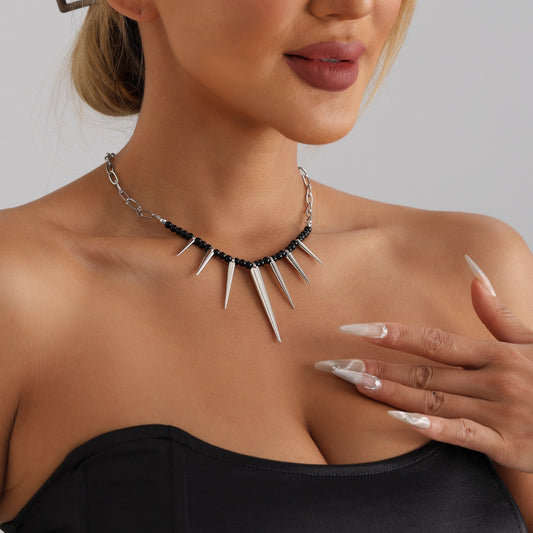 Punk Black Beaded Chain Necklace – Stitching Style Statement Jewelry