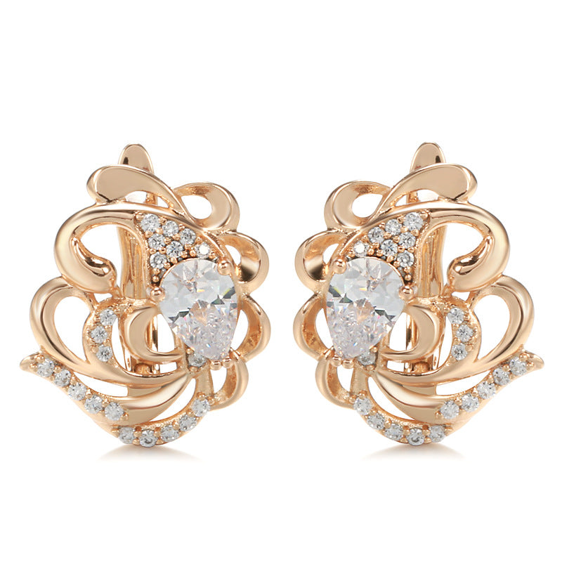 Rose Gold Carved Water Drop Zircon Ear Clips