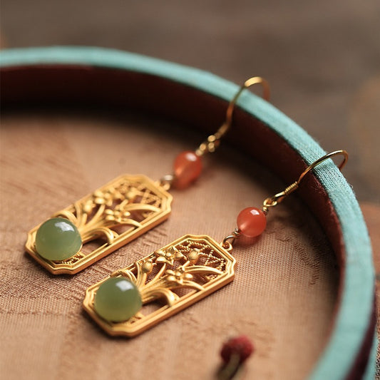Sterling Silver Retro Earrings with Ancient Gold Inlay & Hetian Jade, National Fashion Style