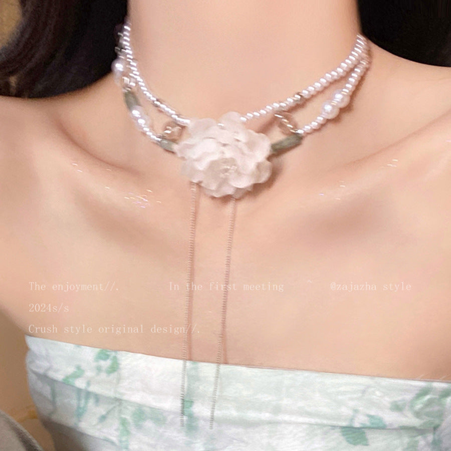 Rhinestone & Pearl Double-Layer Tassel Necklace – Elegant Layered Statement Jewelry
