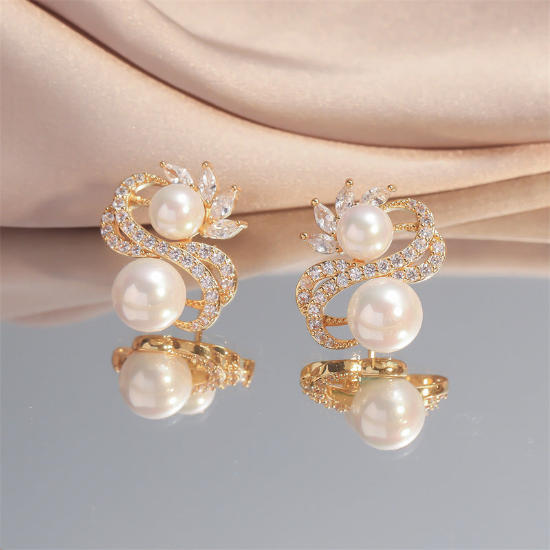 S-Shaped Pearl Drop Earrings with Zircon, Silver Needle