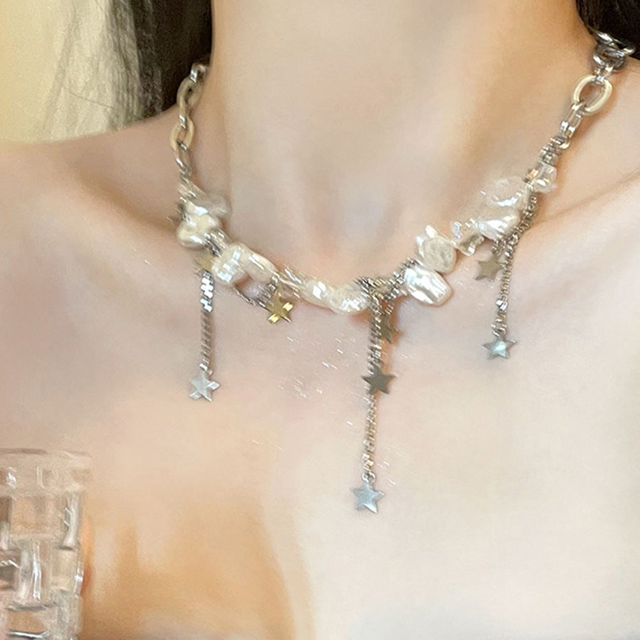 Rhinestone & Pearl Double-Layer Tassel Necklace – Elegant Layered Statement Jewelry