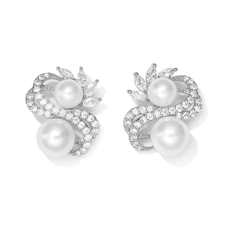 S-Shaped Pearl Drop Earrings with Zircon, Silver Needle
