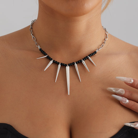 Punk Black Beaded Chain Necklace – Stitching Style Statement Jewelry