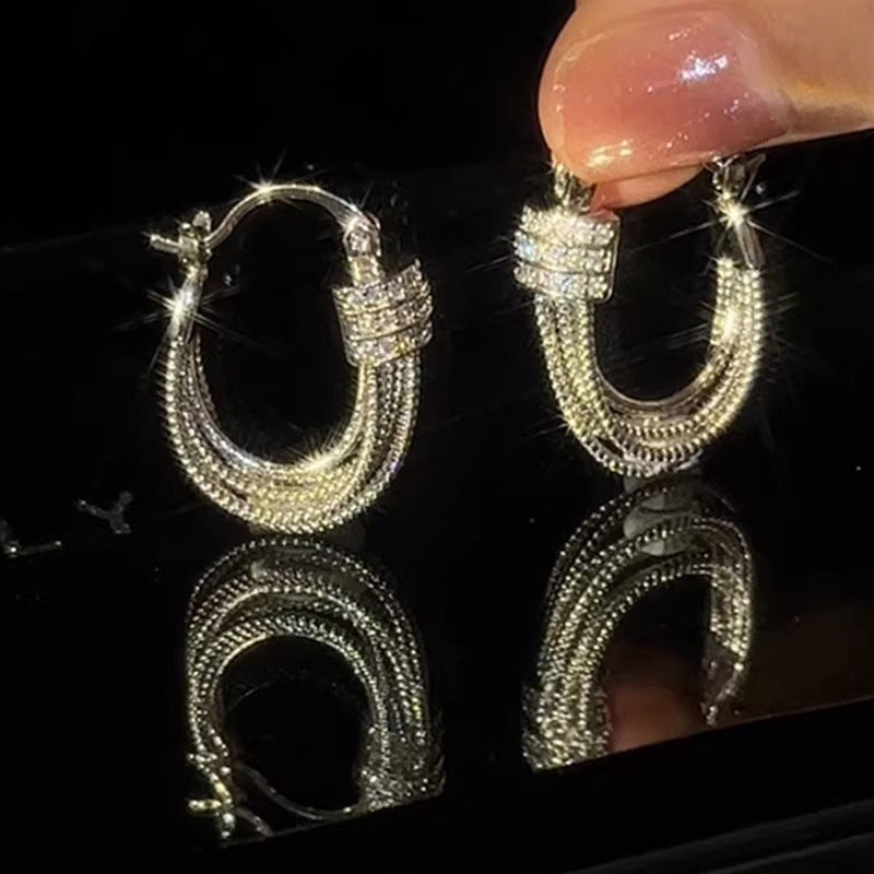 Real Gold Plated U-Shaped Multi-Layer Zircon Earrings – Elegant Statement Jewelry