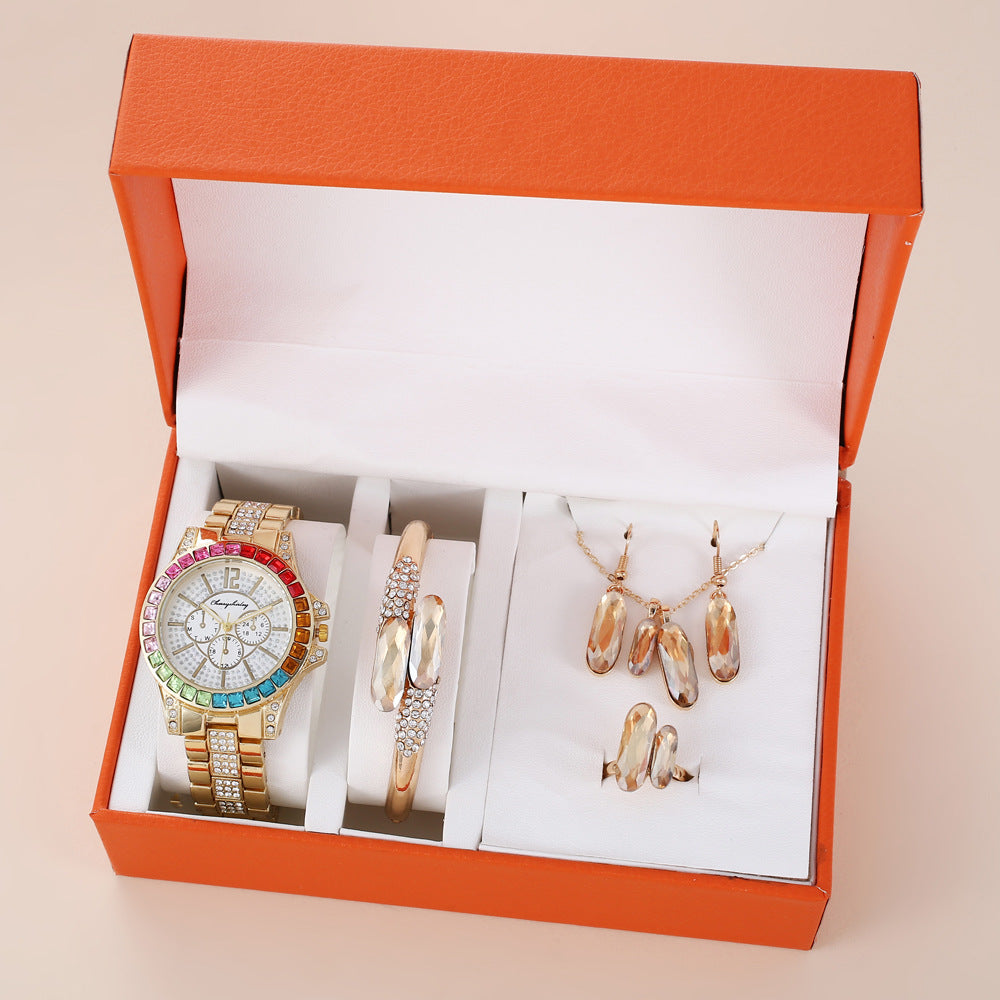 Green Steel Belt Quartz Watch, Ring, Necklace, and Earrings, Suit