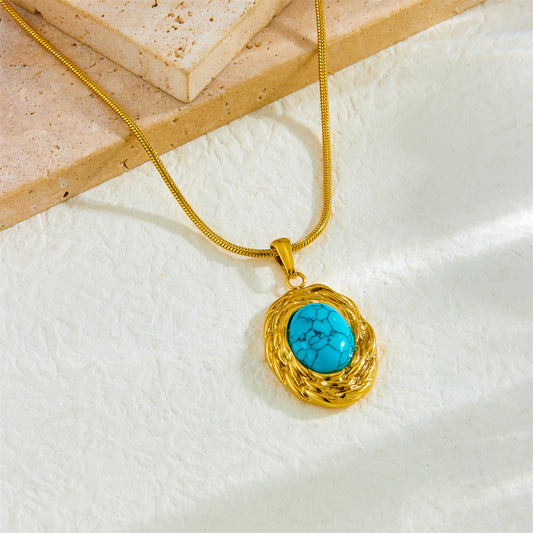 French Retro Simulated Turquoise Jewelry Set – Necklace, Earrings & Ring