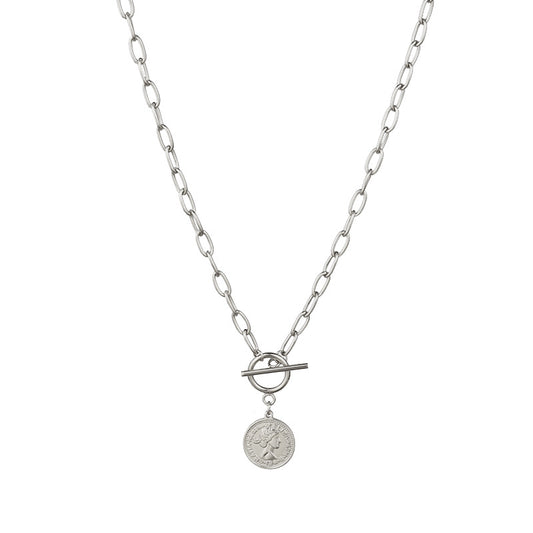 Women's Coin Necklace – Round Beauty Head Pendant with OT Buckle Clavicle Chain