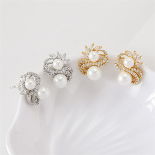 S-Shaped Pearl Drop Earrings with Zircon, Silver Needle