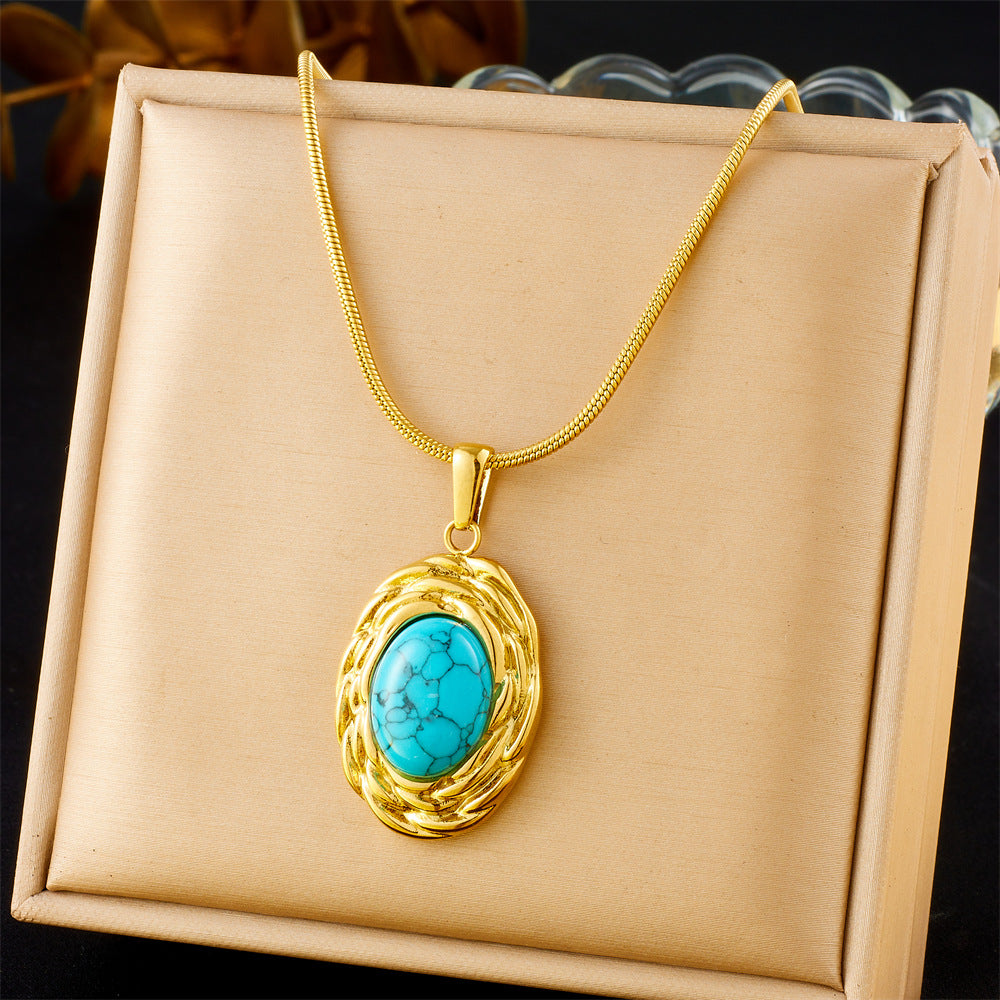 French Retro Simulated Turquoise Jewelry Set – Necklace, Earrings & Ring