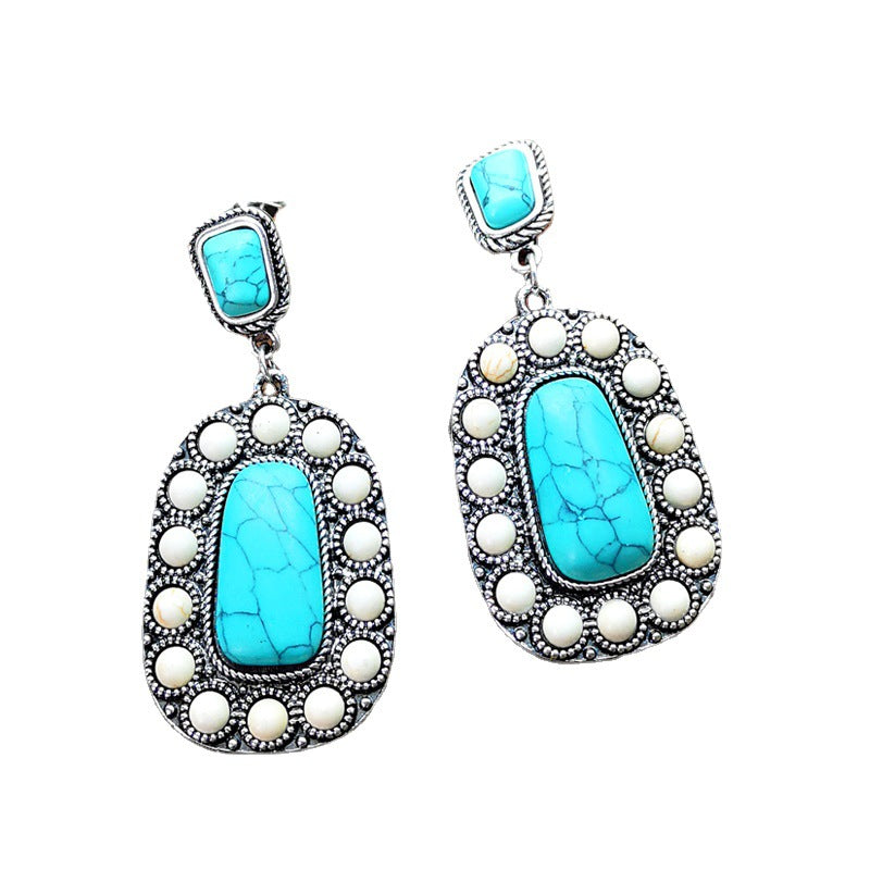 925 Antique Silver Turquoise Earrings with Natural Stone Inlay