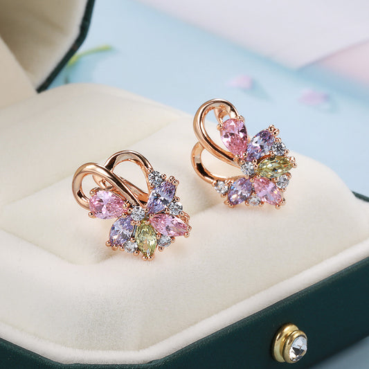 Rose Gold Colorful Zircon Ear Clip & Stud Earrings for Women