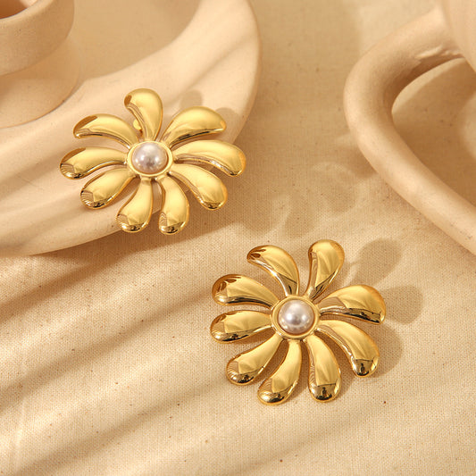 European & American INS Style Sunflower Pearl Necklace & Earrings Set – Fine Cast Stainless Steel Jewelry