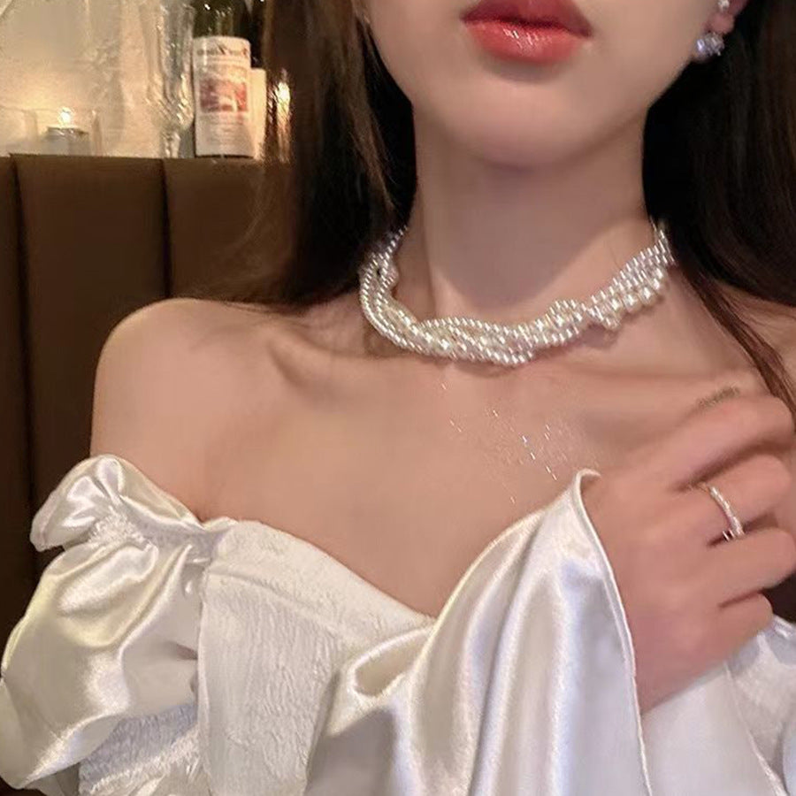 Rhinestone & Pearl Double-Layer Tassel Necklace – Elegant Layered Statement Jewelry
