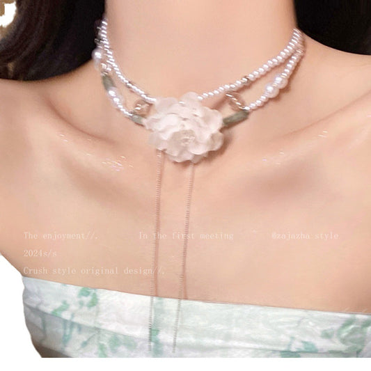Rhinestone & Pearl Double-Layer Tassel Necklace – Elegant Layered Statement Jewelry