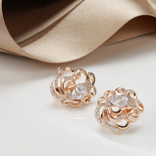 Rose Gold Carved Water Drop Zircon Ear Clips