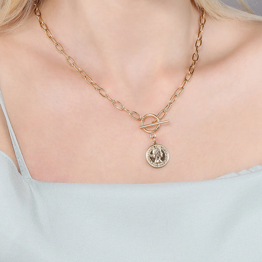 Women's Coin Necklace – Round Beauty Head Pendant with OT Buckle Clavicle Chain