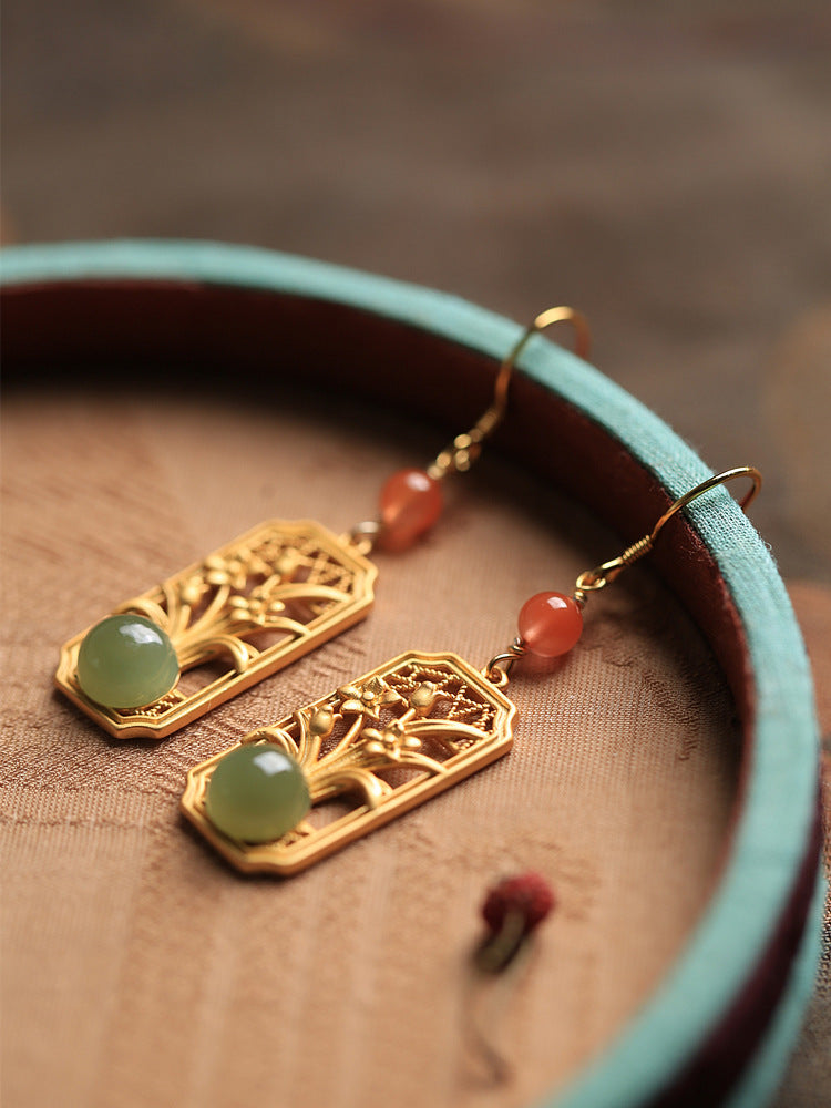 Sterling Silver Retro Earrings with Ancient Gold Inlay & Hetian Jade – National Fashion Style