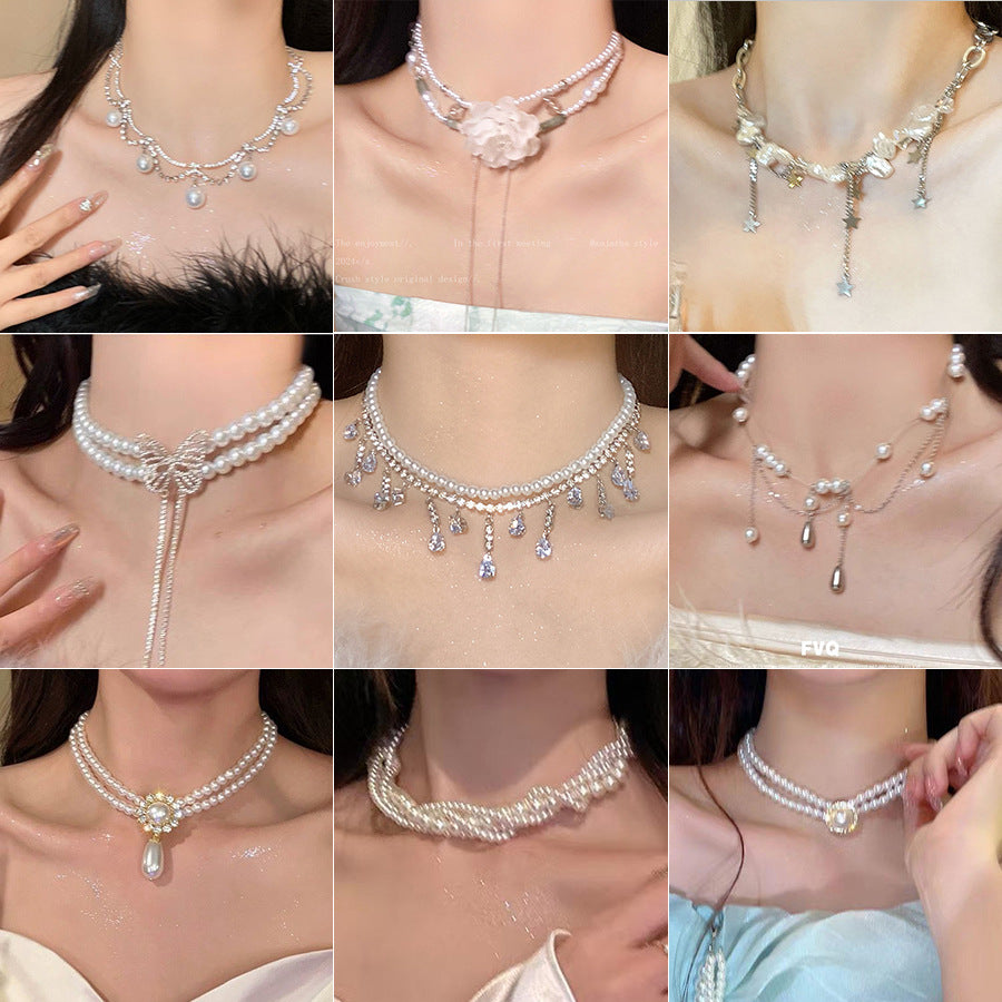 Rhinestone & Pearl Double-Layer Tassel Necklace – Elegant Layered Statement Jewelry