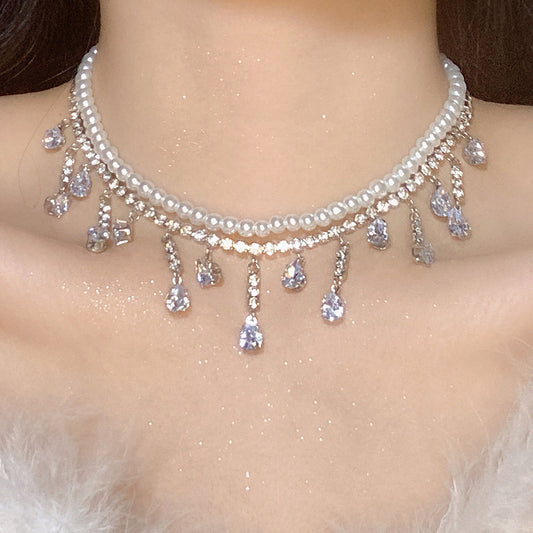 Rhinestone & Pearl Double-Layer Tassel Necklace – Elegant Layered Statement Jewelry