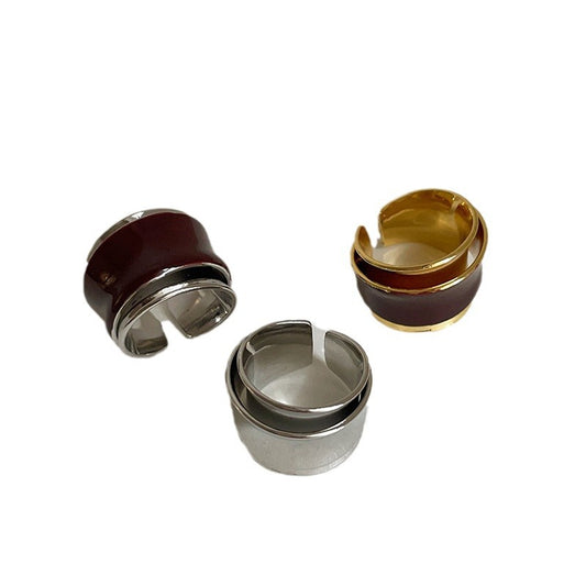 Maillard Style Double-Layer Open Ring – Chocolate Drip Enamel Metal Design