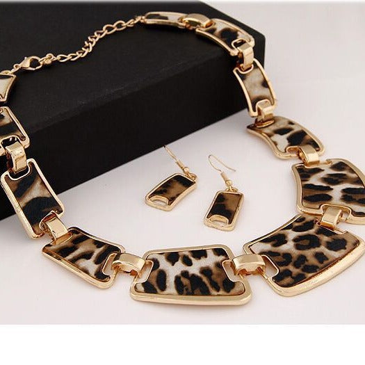 Vintage Leopard Print Necklace & Earrings Set, Bold Exaggerated Style