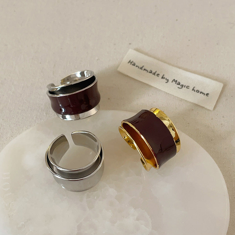 Maillard Style Double-Layer Open Ring – Chocolate Drip Enamel Metal Design