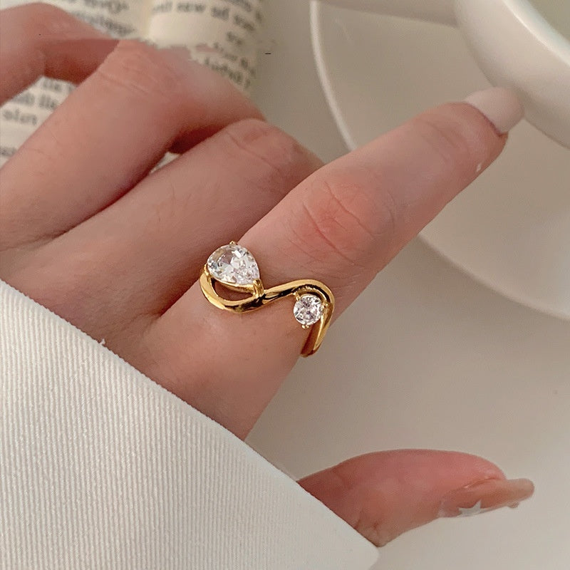 Curved Geometric Line Stainless Steel Zircon Ring for Women – Modern Drop Design