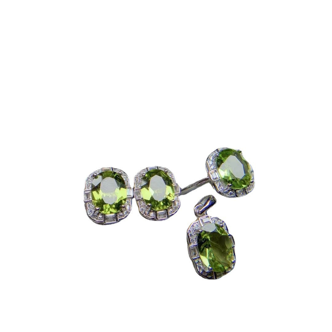 Natural Olivine Jewelry Set – 925 Silver Adjustable Ring, Pendant & Stud Earrings