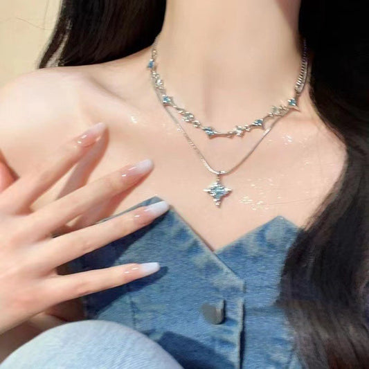 Double-Layer Blue Eight-Pointed Star Chain Necklace