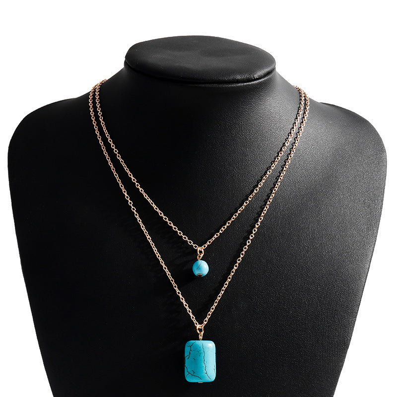 Turquoise Double-Layer Cylindrical Pendant Necklace