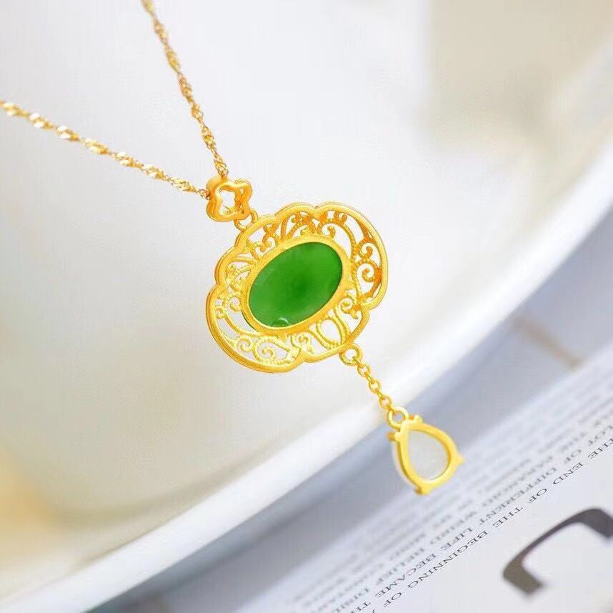 Ancient Gold Inlaid Natural Xinjiang Hetian Jade Egg Pendant Necklace for Women