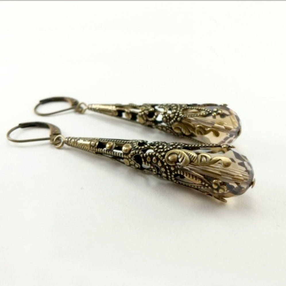 Vintage Crystal Flower Long Drop Earrings