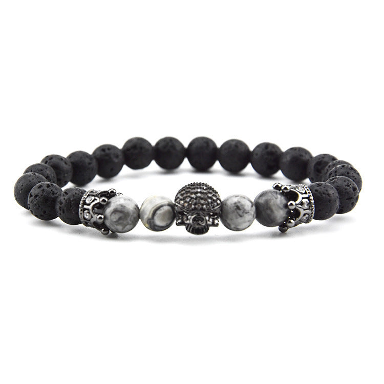 Volcanic Rock Beaded Bracelet with Crown and Zircon