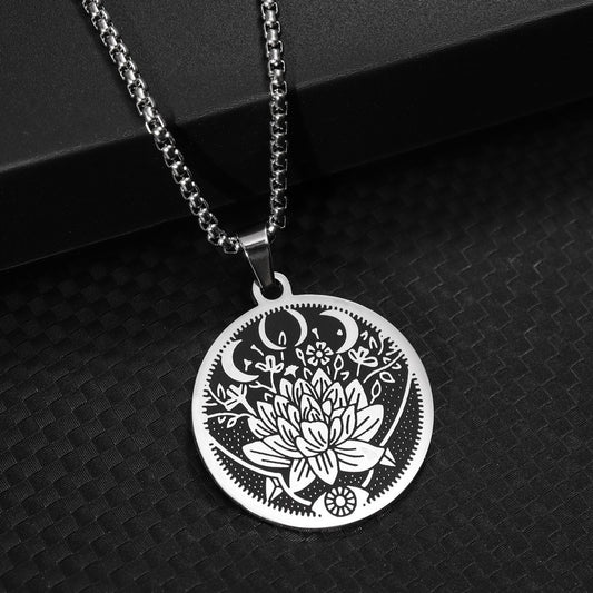 Flower & Moon Pattern Titanium Steel Pendant Necklace