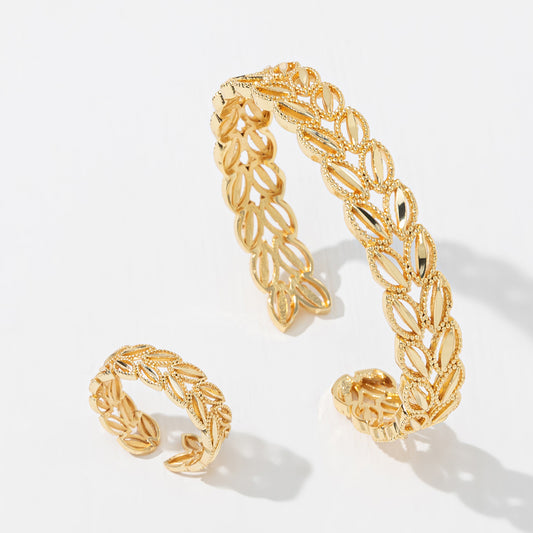 2Pcs Fashion 18k Gold Plated Wheat Ear Leaves Opening Bracelet and Ring Set