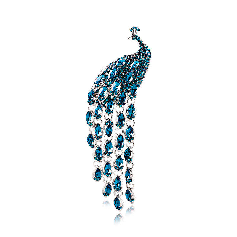 Crystal Peacock Brooch with Long Tail Tassels – Retro Animal Series