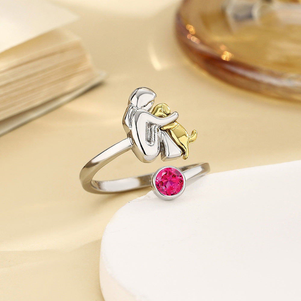 Birthstone Rhinestone Women's Open Ring / Dog Mom Ring