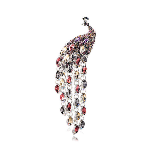 Crystal Peacock Brooch with Long Tail Tassels – Retro Animal Series