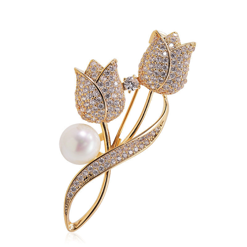 Tulip Pearl Button Brooch – Korean Style with Full Diamond Sparkle