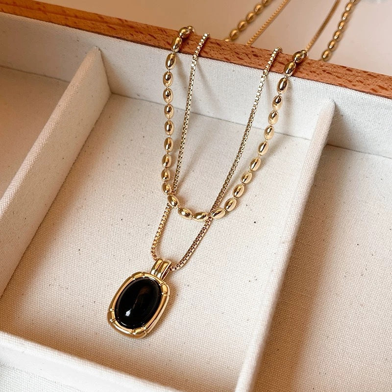 Double-Layer Elegant Black Bead & Metal Necklace