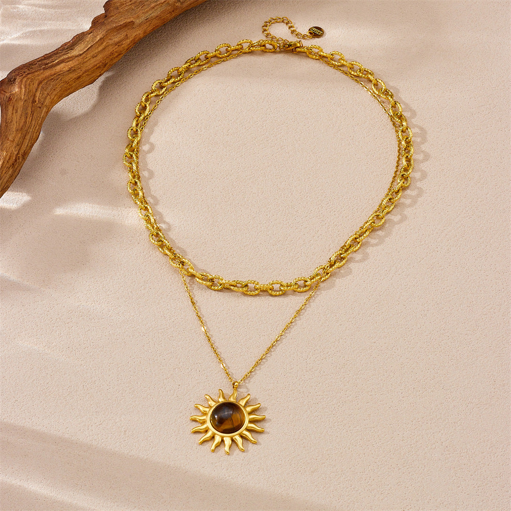 Retro Tiger-eye Sun Pendant Double-Layer Stainless Steel Necklace