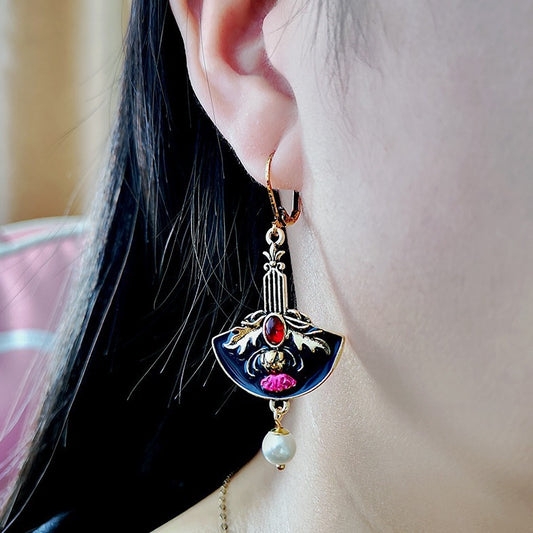Purplish Red Flower & Pearl Earrings – Elegant Women's Fashion Jewelry