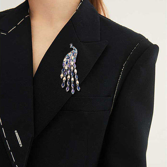 Crystal Peacock Brooch with Long Tail Tassels – Retro Animal Series