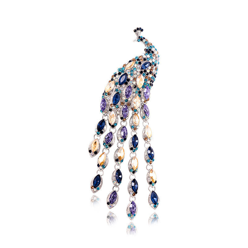 Crystal Peacock Brooch with Long Tail Tassels – Retro Animal Series
