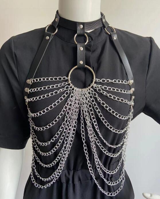 PU Leather & Metal Chain Accessory – Edgy Fashion Jewelry with Stitch Detail