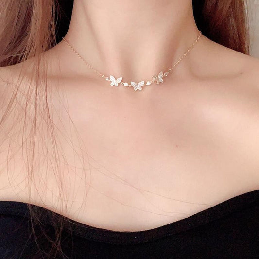 Korean Style Mori Small Butterfly Necklace with Diamonds – Elegant Fashion Jewelry