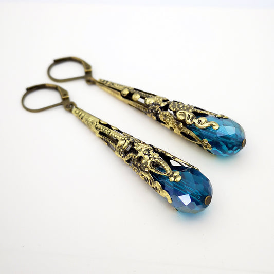 Vintage Crystal Flower Long Drop Earrings