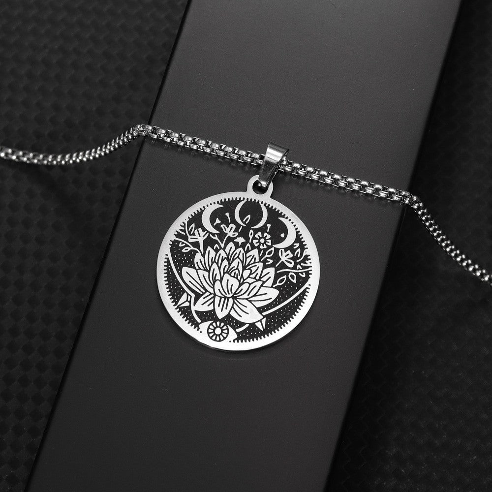 Flower & Moon Pattern Titanium Steel Pendant Necklace